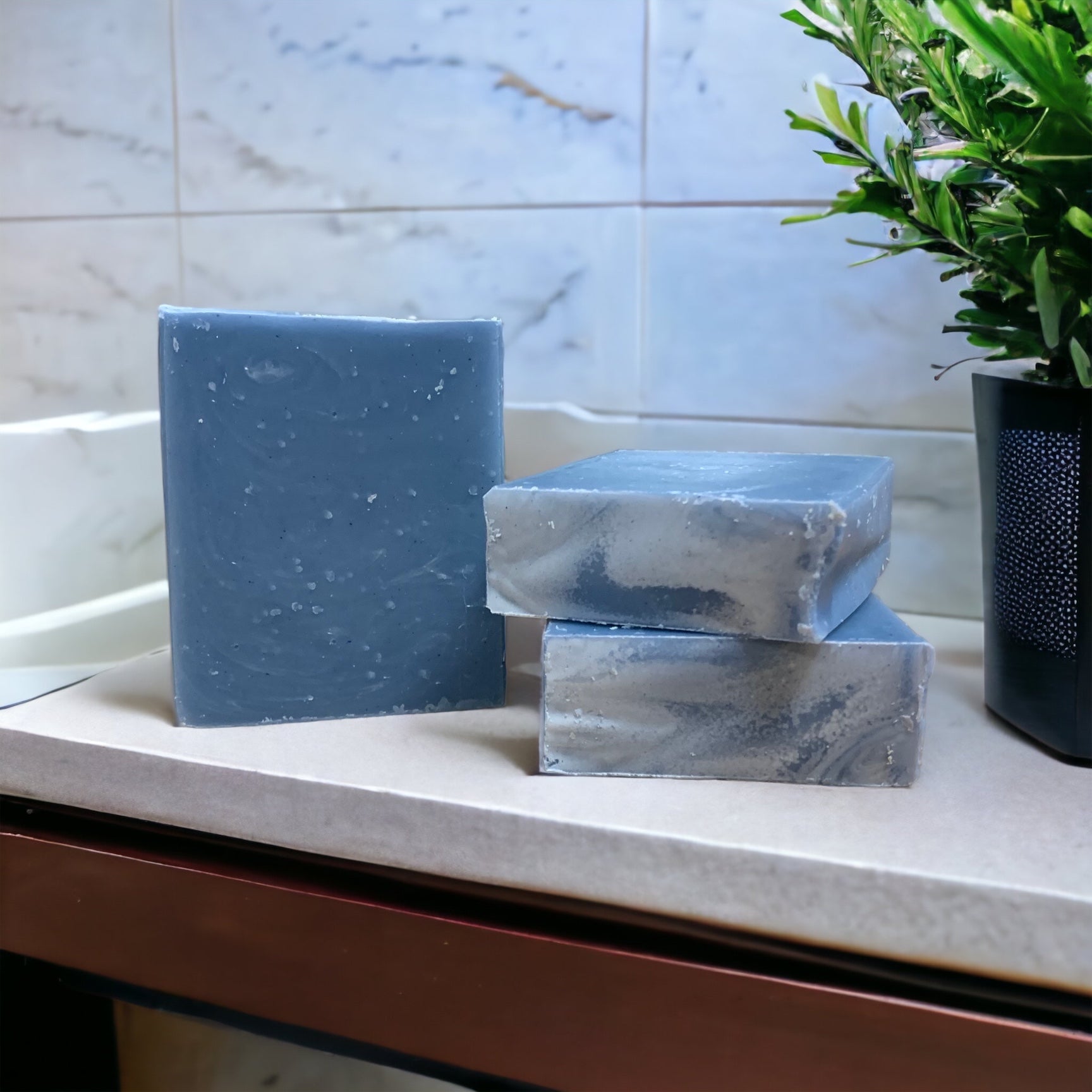 A blue and white rectangular bar of soap on a countertop with a plant and a marble wall in the background.