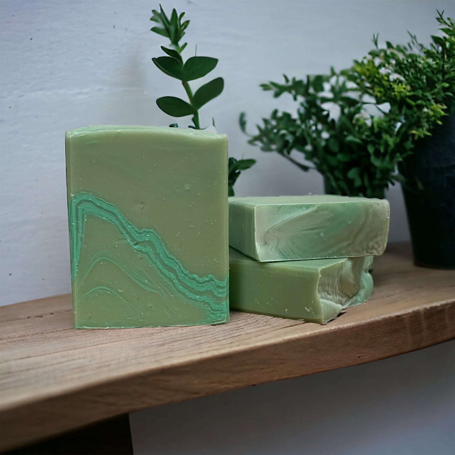 A green rectangular bar of soap on a wooden shelf with a plant in the background.